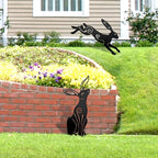 Rustic Metal Bunny Garden Statues – Set of 2 Outdoor Moon Rabbit Decor with Swirling Motifs Bunny Garden Decor Outdoor Sculpture | Metal Easter Yard Art for Patio, Lawn & Easter Gifts