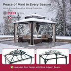 SUNJOY Kingston 12' x 10' Hardtop Gazebo with Galvanized Steel/Polycarbonate Double Roof, Curtain and Netting, Brown Aluminum Posts Permanent Pavilion Gazebo for Garden, Patio, Deck, Lawn