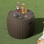 ZZM 33 Gallon Round Deck Box, Patio Side Table for Cushion, Picnic Bucket, Small Bench Seat, All-Weather & Portable, Brown