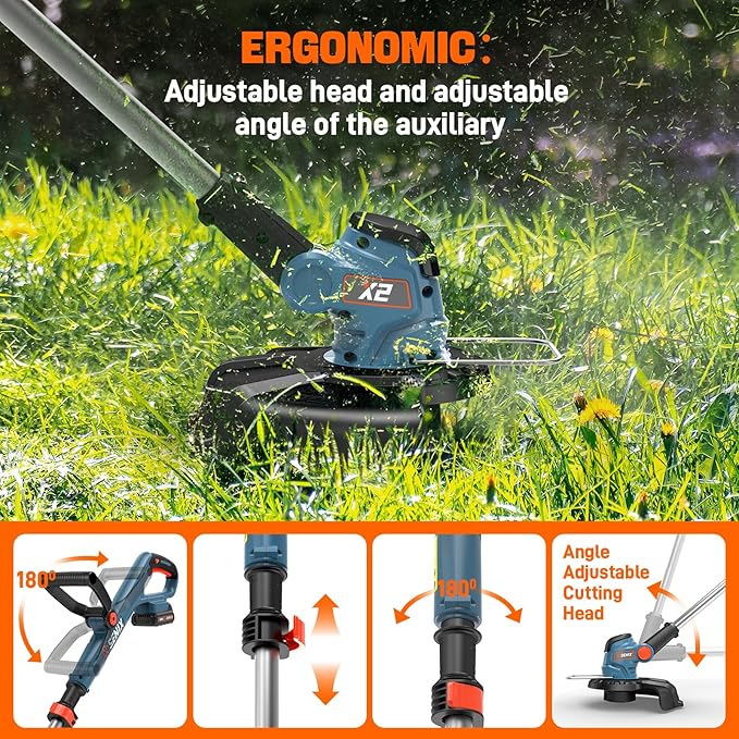 SENIX 20V 10" Cordless Weed Wacker, String Trimmer, Telescoping Rotating Shaft, Adjust Head & Assistant Grip, Auto Line Feed w/ 2.5Ah Battery & Charger, GTX2-M
