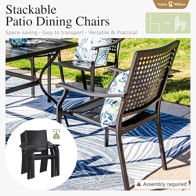 Sophia & William Patio Table and Chairs Set, Outdoor Dining Set for 6, 7 Piece Metal Patio Furniture, 60" Rectangular Table with Wood-Like Tabletop(Beehive)