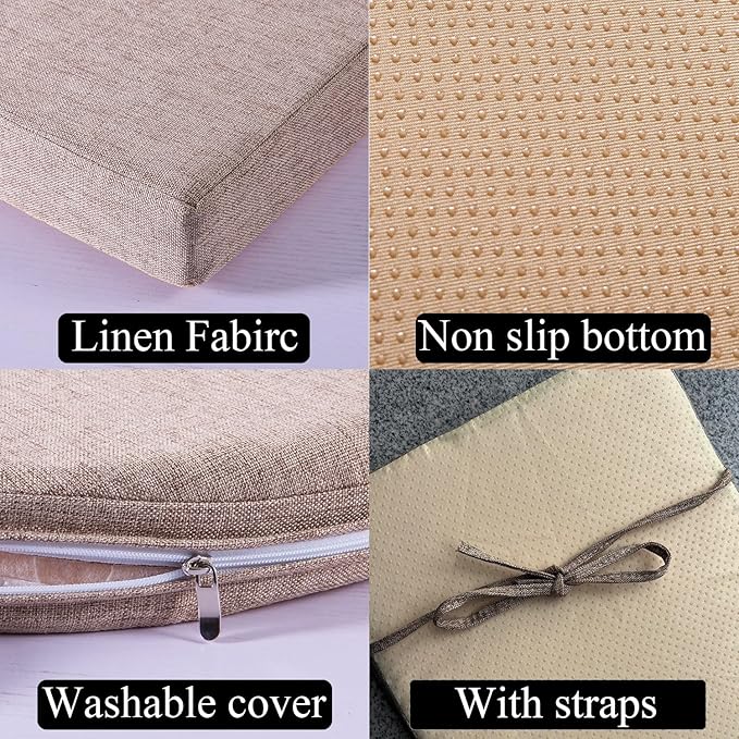 36 x 12 Inch Piano Bench Cushions for Indoor Furniture with Ties Non Slip Kitchen Dining Room Bench seat Cushion for Shoe Storage Ottoman Window Settee pad, Khaki