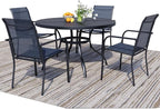 5 Pieces Round Dining Table Set for 4, Patio Dining Set Includes 4 Dark Blue Stackable Patio Chairs and 1 Black Mesh Round Table, Patio Furniture Sets with Sling Support for Outside, Garden