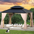 13'x 15' Outdoor Wooden Gazebo, Patio Hardtop Gazebos with Double Roof, Double Galvanized Steel Hardtop Roof Wood Frame with Netting and Curtains (13'x 15')