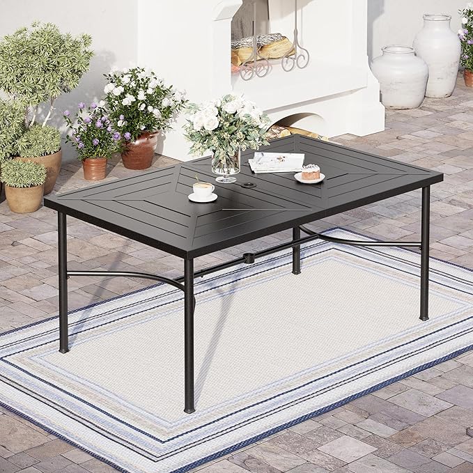 7 Pcs Patio Dining Set for 6, Rectangular Metal Dining Table with Umbrella Hole and 6 Chairs, Outdoor Table and Chairs Set for Lawn Garden Backyard and Deck, Blue