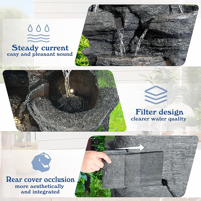 TITIMO 10-Tier Cascading Rock Water Fountain Outdoor Garden Waterfall with Lights,Fountain Indoor Decor for Garden, Patio, Backyard, Deck, Porch and Home Art Decor
