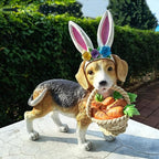 Cynkeyee Dog Garden Statue Decoration - Cute Puppy Beagle Statues with Bunny Ears Carrot Basket Figurines for Tabletop Self Floor Indoor Decor 11.5x4x10.5 inch