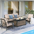 MFSTUDIO Outdoor Patio Furniture Set with 56" Fire Pit Table, 4 PCS Metal Patio Conversation Sets for 5, Patio Sectional Set with High Back 3-Seat Sofa, 2 Fixed Sofa Chairs, 56" Fire Pit Table
