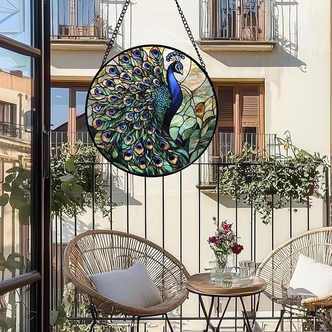 Stained Glass Window Hanging, Turquoise Peacock Sun Catcher for Door Home Decor Blue Green Suncatcher Christmas Mother's Day Birthday Gifts for Women Men Mom and Nana 15 in