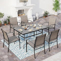 7 PCS Patio Dining Set for 6, Rectangular Metal Table with Umbrella Hole, 6 x Brown Dining Chairs, Outdoor Table and Chairs Set for Lawn Backyard and Deck
