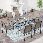 7 PCS Patio Dining Set for 6, Rectangular Metal Table with Umbrella Hole, 6 x Brown Dining Chairs, Outdoor Table and Chairs Set for Lawn Backyard and Deck