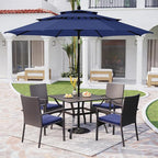 PHI VILLA 5 Piece Patio Dining Table Set for 4, 37" Square Outdoor Metal Table with Umbrella Hole & 4 Rattan Wicker Chair with Cushion for Deck, Yard, Porch