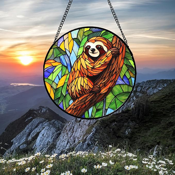 Stained Glass Window Hanging - Funny Sloth Suncatcher for Doors Garden Patio Cute Sun Catchers Decor Christmas Mother's Day Birthday Teenager Gifts for Women Men Mom Nana Friend 9.8 in