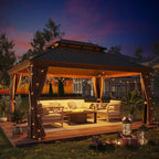 12' X 16' Hardtop Gazebo, Outdoor Aluminum Patio Gazebo Double Roof Galvanized Steel Wooden Finish Coated Canopy with Netting and Curtains for Garden, Patio, Backyard, Deck and Lawns.