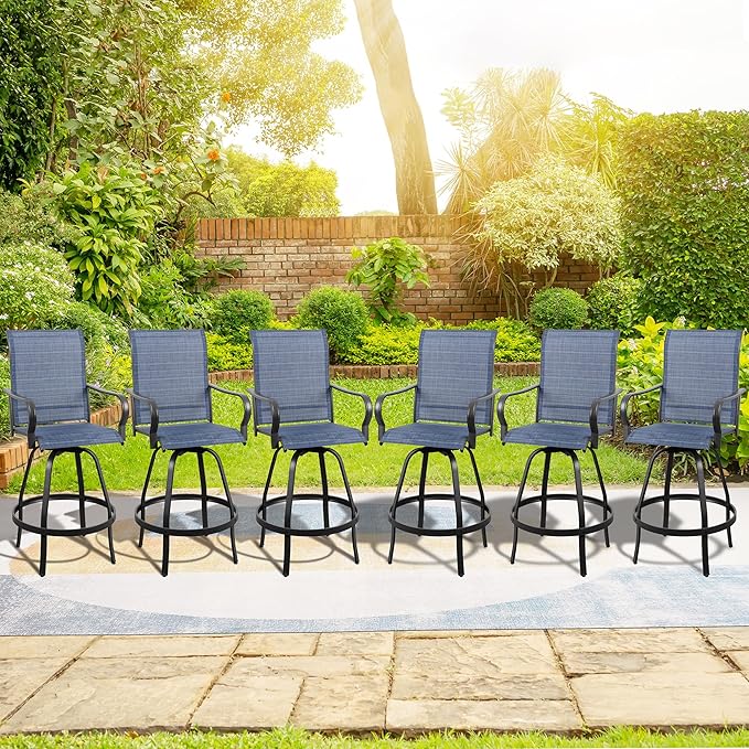 Vongrasig 6 Piece Patio Swivel Bar Chairs, All Weather Metal Textile High Swivel Bar Stools Chairs, Outdoor High Top Bistro Set for Backyard, Lawn Garden, Balcony, Denim Blue