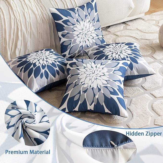 Qahing Pack of 4 Outdoor Waterproof Pillow Covers 16x16 Decorative Outdoor Throw Pillows Garden Square Cases for Patio Furniture, Couch, Tent Sunbrella, Bench, Blue Grey