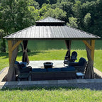 Domi Hardtop Gazebo 12’x12’ Cedar Frame Wood Gazebo with Galvanized Steel Double Roof, Outdoor Permanent Metal Gazebo with Curtains and Netting for Patio,Deck,Backyard