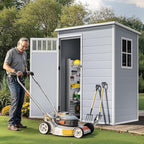 DWVO 5x3FT Outdoor Storage Shed with Fence-Style and Side Windows, Floor, Lockable Doors, Plastic Storage Shed for Backyard and Garden, Gray