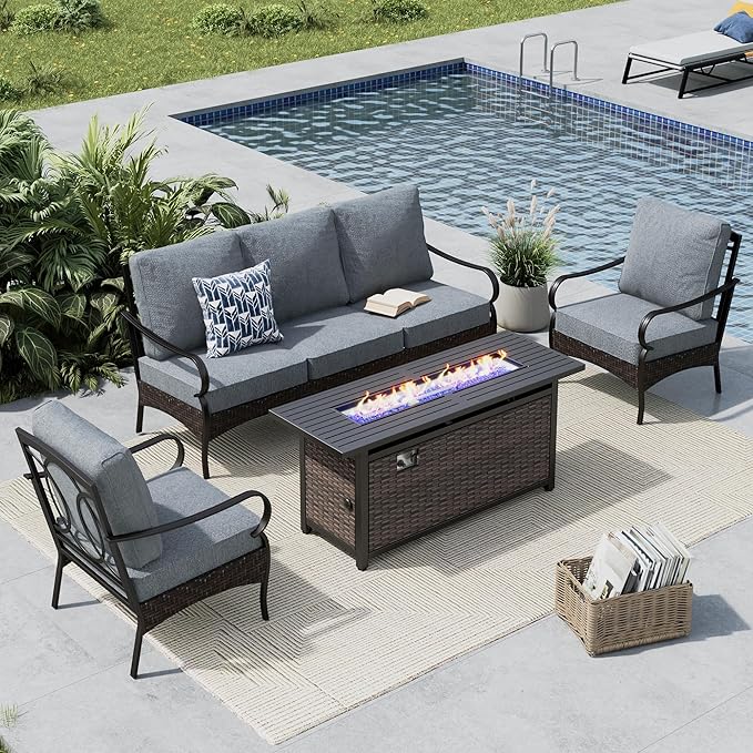 MFSTUDIO 4 Pieces Outdoor Patio Furniture Set, Metal Outdoor Conversation Set, Rattan Wicker Patio Sectional Set with 2 x Fixed Single Sofa, 3-Seat Sofa, 1 x Fire Pit Table, Grey