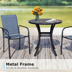 3 Pieces Round Dining Table Set for 2, Patio Dining Set Includes 2 Blue Stackable Patio Chairs and 27.6" Black Metal Round Table, Patio Furniture Sets with Sling Support for Outside, Garden
