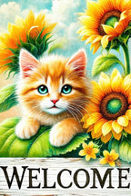 Spring Garden Flag 12x18 Inches Double Sided Cute Cat Welcome Yard Flags Sunflower Summer Seasonal Flower for Outside Decor Home Farmhouse Holiday Decorations