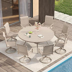 VICLLAX Outdoor Dining Set for 8, Outdoor Furniture Includes 60" Round Patio Table and Swivel Padded Chairs, Sandshell Color Tabletop and Fabric