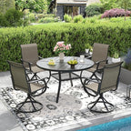 DIFY 5 Pieces Outdoor Patio Dining Set, 4 Brown Textilene Swivel Dining Chairs and 40.6" Black Round Metal Dining Table, Outdoor Table and Chairs