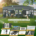 COBIZI 10x20 Pop Up Canopy with 6 Sidewalls One Push Setup Outdoor Event Shelter Waterproof UPF 50+ Gazebo Tent with Carry Bag,Air Vent,Sandbag for Commercial, Wedding, Party,Grey