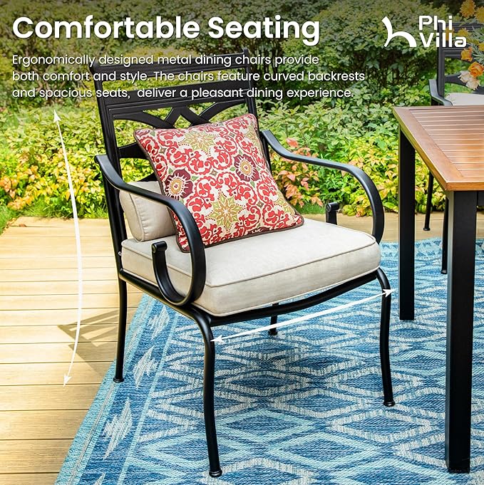 PHI VILLA Patio Dining Set for 4, 5 PCS Outdoor Dining Sets - 1 Square 37"x37" Dining Table (1.57" Umbrella Hole) & 4 Patio Dining Chairs,Metal Patio Furniture for Outdoor Kitchen Lawn and Garden