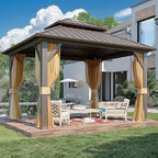 MELLCOM 10'x12' Hardtop Gazebo, Metal Double Roof Aluminum Gazebos with Curtain and Netting,Brown Permanent Galvanized Steel Pavilion for Patio, Lawn & Deck