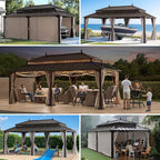 SUNJOY Kingston 20' x 12' Hardtop Gazebo with Galvanized Steel Double Roof, Curtain and Netting, Brown Aluminum Posts Permanent Pavilion Gazebo for Garden, Patio, Deck, Lawn