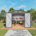 10x12 FT Outdoor Storage Shed with Windows, Metal Sheds & Outdoor Storage with Lockable Door and 4 Vents, Outside Storage Shed Waterproof for Backyard, Garden, Patio, Gray