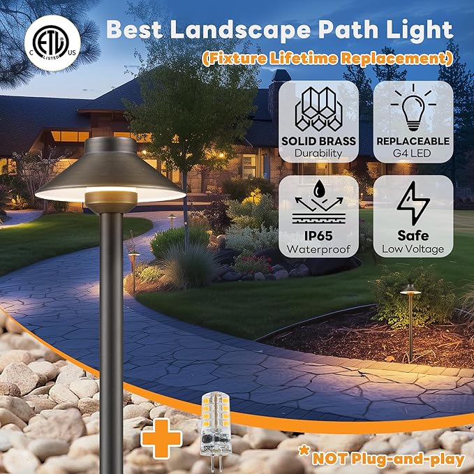 Gardenreet Brass Low Voltage Path Lights - 12V Landscaping Pathway Light IP65 Waterproof, Wired Walkway Lighting Outdoor, LED Bronze for Lawn Area Backyard with 3W 2700K Warm White G4 Bulb (8 Pack)