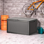100 Gallon Waterproof Deck Box, Lockable Resin Storage Box for Patio Furniture Cushions Garden Tools and Outdoor Delivery Storage, Coffee
