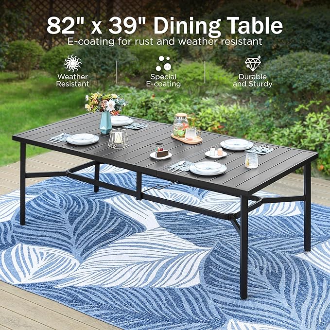 PHI VILLA 9 Pieces Outdoor Dining Set for 8, Rectangular Metal Steel Table with Umbrella Hole & Stackable Wrought Iron Chairs, Large Dining Furniture for Patio, Deck, Yard, Porch