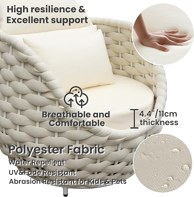 Patio Accent Chairs Set of 2: Aluminum Porch Lounge Chair with Arms - Woven Rope Cushioned Armchair - Modern One Seater Sofa - Outdoor Deck Furniture for 400lbs Balcony Yard Garden Hotel, Beige