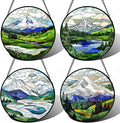 Stained Glass Window Hanging 4 Pcs Set Mountains Lake Green White Landscape 6.3" - Suncatcher Door Garden Sun Catcher Decor Birthday Christmas for Mom Woman Nana Men