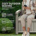 EconoHome 3 Seat Outdoor Storage Bench with Rain Cover - 90 Gallon Capacity - Weatherproof Resin Bench for Patio, Porch, Garden, Yard, Pool Area - Furniture for Pool Accessories, Gardening Tools