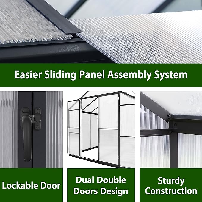 MUPATER 8 x 14 FT Heavy Duty Greenhouse, Polycarbonate Green House Kit with Aluminum Frame, Walk-in Greenhouse with Lockable Door and Ajustable Roof Vent for Backyard, Outdoors, Grey