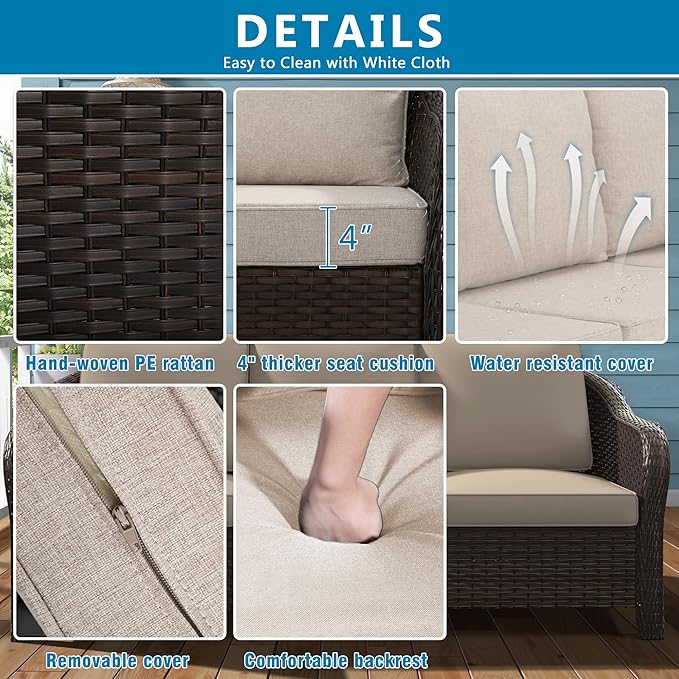Vista Vibe 4 Pieces Outdoor Patio Conversation Furniture Set - 78" 3-Seat Couch | 2 Chairs | Metal Coffee Table, Rattan Wicker Loveseat Sofa with Washable Cushions, Garden, Deck, Terrace (Beige)