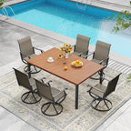 DIFY 7 Pieces Outdoor Patio Dining Set, 6 Brown Textilene Swivel Dining Chairs and 63" Walnut Rectangle Metal Dining Table, Outdoor Table and Chairs