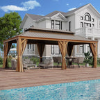 12' X 22' Hardtop Gazebo, Aluminum Wood-Looking Frame Outdoor Permanent Galvanized Steel Double Roof Pavilion Pergola Canopy with Privacy Curtains for Garden, Patio, Backyard, Deck and Lawns.