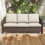 78" Wicker 3-seat Sofa, Outdoor Conversation Furniture, All-Weather Rattan Couch, Steel Frame Couch with Cushions for Garden, Poolside, Porch (Beige)