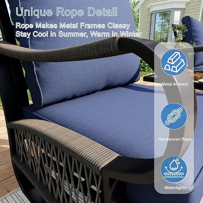 12 Pieces Modern Patio Furniture Set, All Weather Metal Outdoor Conversation Sets with Fire Pit Table for Backyard Garden Deck Porch Poolside, Blue