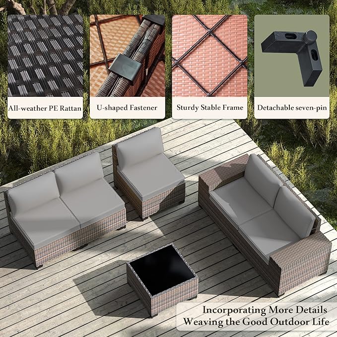 Outdoor Patio Furniture Set, 6 Pieces Outdoor Furniture All Weather Patio Sectional Sofa PE Wicker Modular Conversation Sets with Coffee Table,5 Chairs & Seat Clips (Grey)