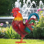 Rooster Garden Statue Sculpture Metal Chicken Yard Decor Outdoor Figurines Patio Backyard Decoration (red)