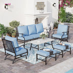 6 Piece Metal Outdoor Patio Furniture Set, Patio Conversation Set 1 3-seater Sofa, 2 Rocking Chair, 2 Ottomans with 5.75" Thick Cushion and Coffee Table, Black Backyard Furniture, Blue