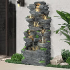 40''H Outdoor Water Fountain - Garden Rock Waterfall Fountains, Outdoor/Indoor Floor Standing Resin Water Fountain with 10 LED Light for Patio, Garden and Backyard, Deck, Porch, Home
