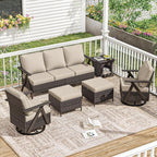 6 Piece Patio Furniture Set, Wicker Patio Conversation Set with Swivel Glider Chair and Outdoor 3-Seater Sofa and 2 Ottomans and Side Table for Deck Yard and Poolside
