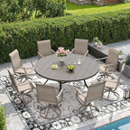 DIFY 9 Pieces Outdoor Patio Dining Set, 8 Sandshell Textilene Swivel Dining Chairs and 60" Grey Wood-Like Round Metal Dining Table, Outdoor Table and Chairs